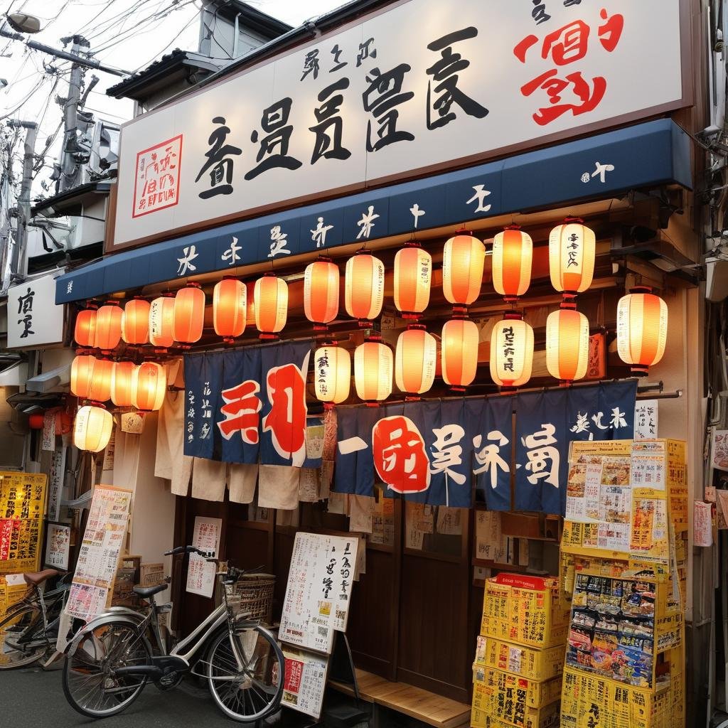 masterpiece, best quality, ultra-detailed, illustration,sakaba, storefront, japan, bicycle, scenery, outdoors, road, street, sign, lantern, paper lantern, banner, shop, building, food, power lines, alley, city, day, realistic, photo background, photo (medium) <lora:taisyu_sakaba_tentou_SDXL_V1:1>