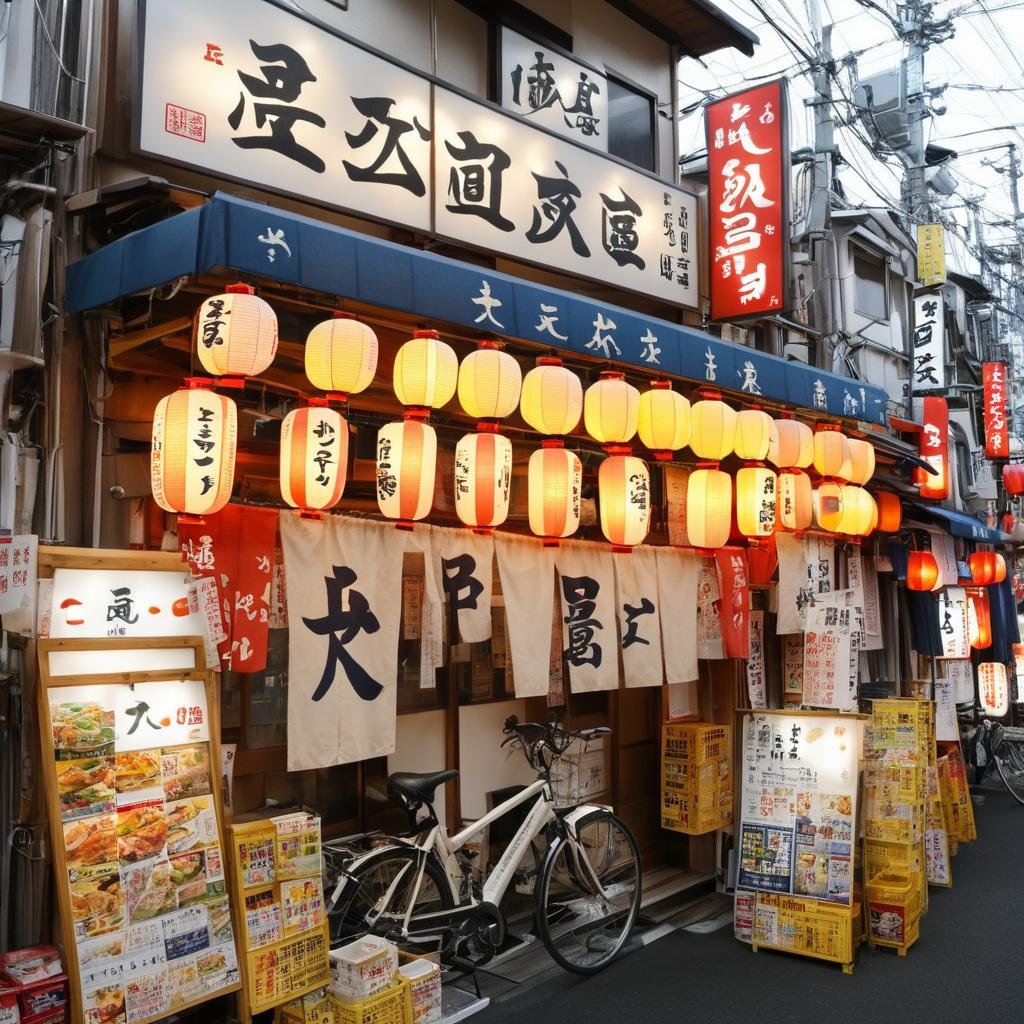 masterpiece, best quality, ultra-detailed, illustration,sakaba, storefront, japan, bicycle, scenery, outdoors, road, street, sign, lantern, paper lantern, banner, shop, building, food, power lines, alley, city, day, realistic, photo background, photo (medium) <lora:taisyu_sakaba_tentou_SDXL_V1:1>