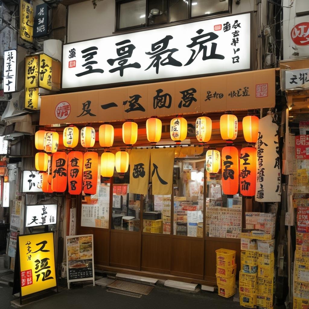 masterpiece, best quality, ultra-detailed, illustration,sakaba, storefront, japan, scenery, sign, shop, building, outdoors, lantern, city, light, window, banner, cityscape, lamp, real world location, road, trash can, street, restaurant, realistic, photo background, photo (medium) <lora:taisyu_sakaba_tentou_SDXL_V1:1>