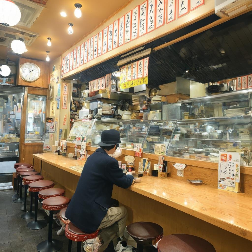 masterpiece, best quality, ultra-detailed, illustration,sakaba, stool, 1boy, indoors, solo, male focus, black hair, sitting, scenery, wide shot, shop, hat, chair, clock, shirt, pants, holding, shelf, table, scarf, ceiling light, japanese architecture, japan, realistic, photo background, photo (medium) <lora:taisyu_sakaba_SDXL_V2:1>