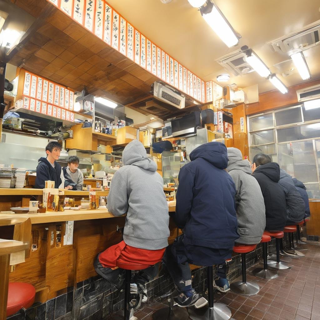 masterpiece, best quality, ultra-detailed, illustration,sakaba, multiple boys, censored, sitting, mosaic censoring, 2boys, stool, hood, bar (place), indoors, photo background, male focus, bed, jacket, hoodie, identity censor, table, japanese architecture, japan, realistic, photo background, photo (medium) <lora:taisyu_sakaba_SDXL_V2:1>