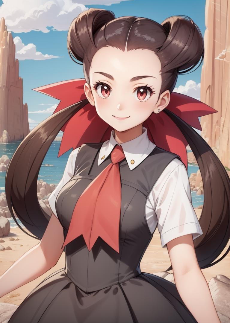 masterpiece, best quality, roxanne, twintails, hair ribbon, ascot, grey dress, white shirt, short sleeves, upper body, smug, smile, cliffs, rock formations, sky <lora:roxanne-nvwls-v1-000012:0.9>