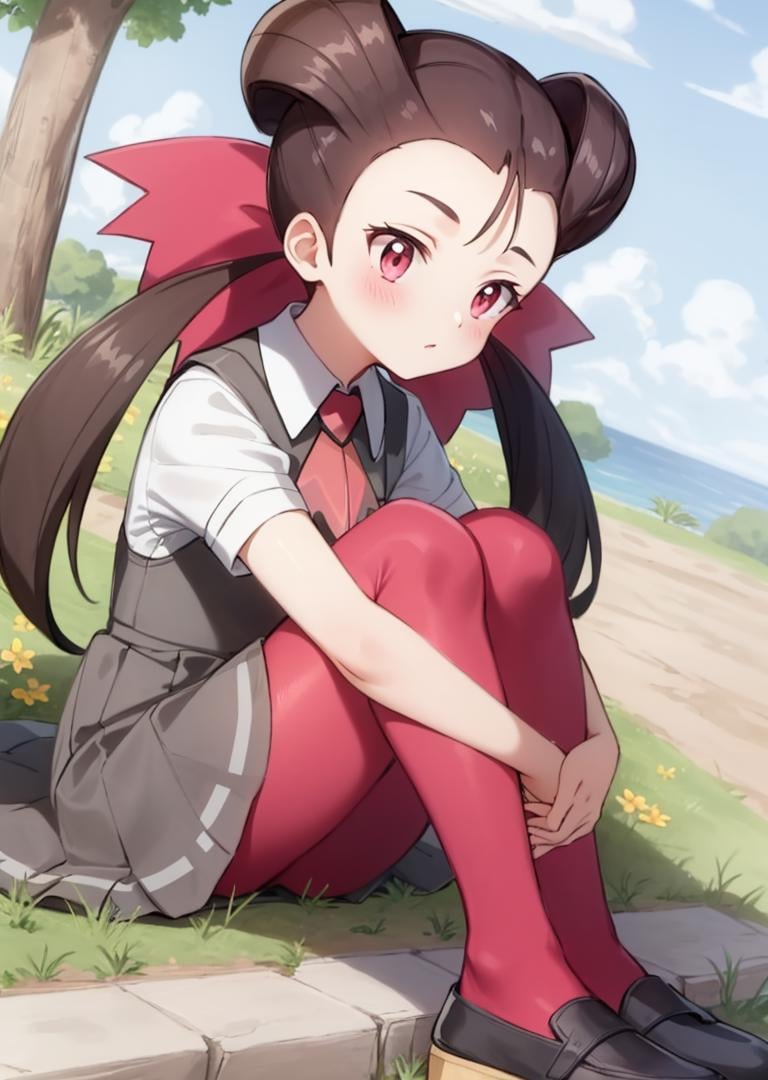masterpiece, best quality, roxanne, twintails, hair ribbon, ascot, grey dress, white shirt, short sleeves, pink pantyhose, shoes, sitting, side view <lora:roxanne-nvwls-v1-000012:1.0>