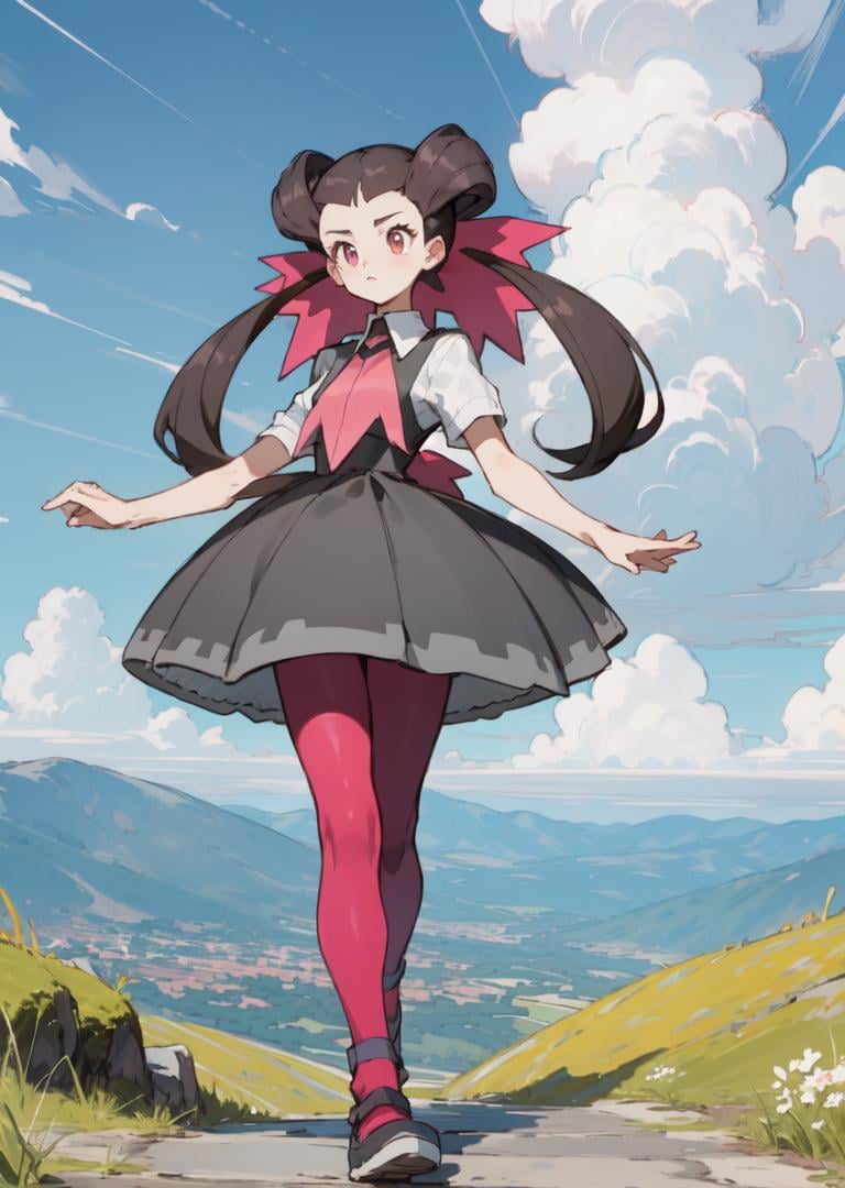 masterpiece, best quality, roxanne, twintails, hair ribbon, ascot, grey dress, white shirt, short sleeves, pink pantyhose, shoes, walking up a mountain, blue sky <lora:roxanne-nvwls-v1-000012:1.0>