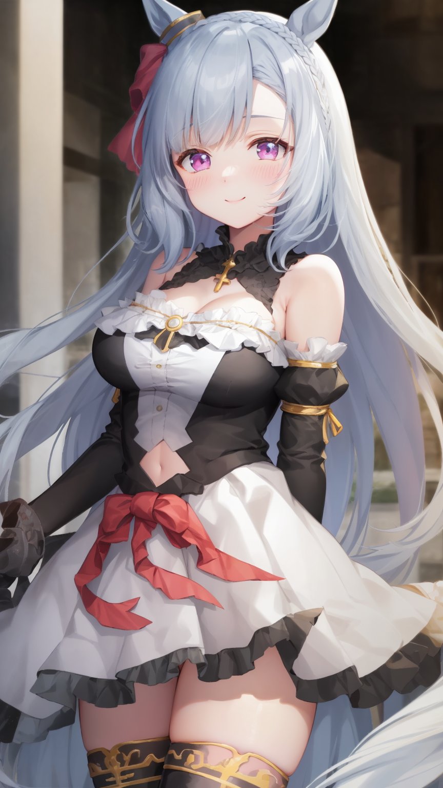 masterpiece, Best Quality, anime colours, Game CG, Official art, High quality, Best Quality, extremely detailed eye, extra detailed body, extremely detailed fingers, Diagonal composition ,Standing, plein air, Downtown, Cowboy Shot,Horse tail,（smile, nose blush),arms behind back, long hair, medium breasts, arudan, ear ornament, black gloves, white gloves, asymmetrical gloves, mismatched gloves, detached sleeves, puffy sleeves, short sleeves, long sleeves, asymmetrical sleeves, uneven sleeves, ribbon, bare shoulders, off-shoulder dress, black dress, frilled dress, center frills, knee boots, asymmetrical footwear, mismatched footwear