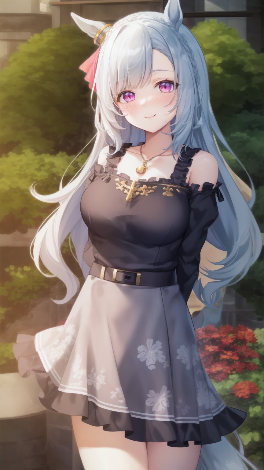 masterpiece, Best Quality, anime colours, Game CG, Official art, High quality, Best Quality, extremely detailed eye, extra detailed body, extremely detailed fingers, Diagonal composition ,Standing, plein air, Downtown, Cowboy Shot,Horse tail,（smile, nose blush),arms behind back, long hair, medium breasts, arudan, jewelry, necklace, long sleeves, white shirt, belt, necklace, blue skirt, long skirt, floral print, socks