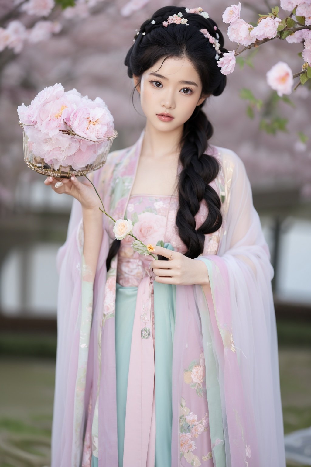 fenmo,fense,1girl,black hair,flower,hair ornament,realistic,holding,hair flower,blurry,holding flower,chinese clothes,looking at viewer,hanfu,black eyes,basket,blurry background,<lora:春赏-000008:0.5>,hanfu,cho girl,