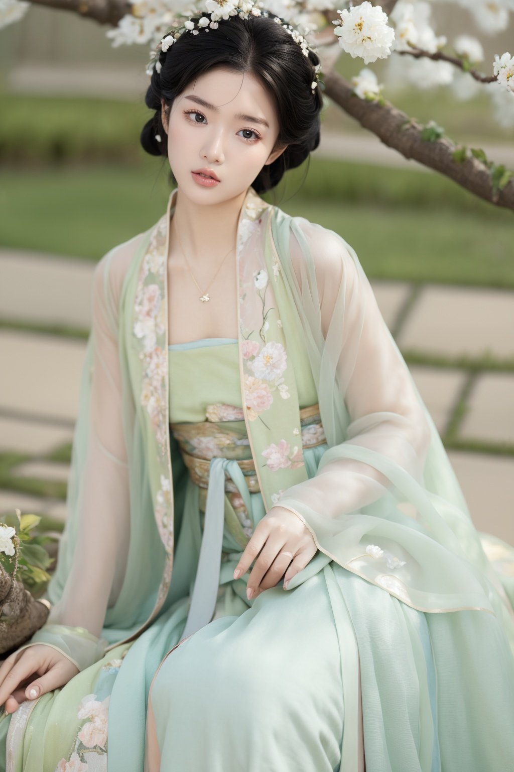 qingsi,chuchun,1girl,black hair,long hair,necklace,jewelry,flower,branch,parted lips,brown eyes,blurry,realistic,<lora:春赏-000008:0.5>,hanfu,cho girl,