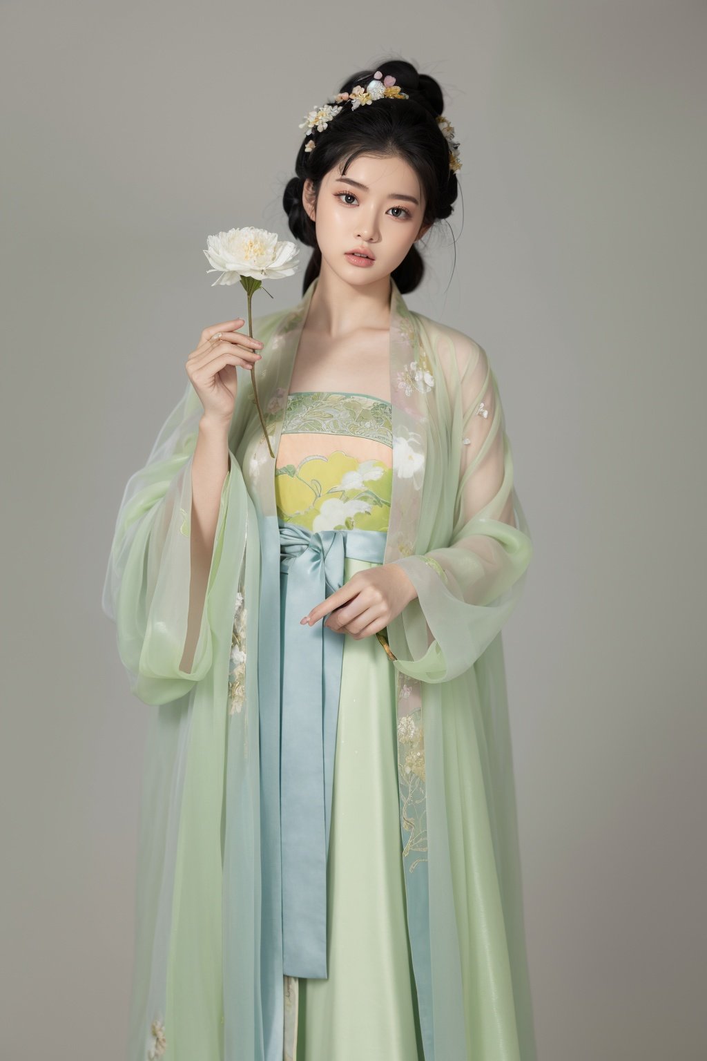 qingyi,danya,1girl,black hair,hanfu,flower,realistic,hair ornament,chinese clothes,simple background,dress,white background,black eyes,long sleeves,holding,holding flower,<lora:春赏-000008:0.5>,hanfu,cho girl,