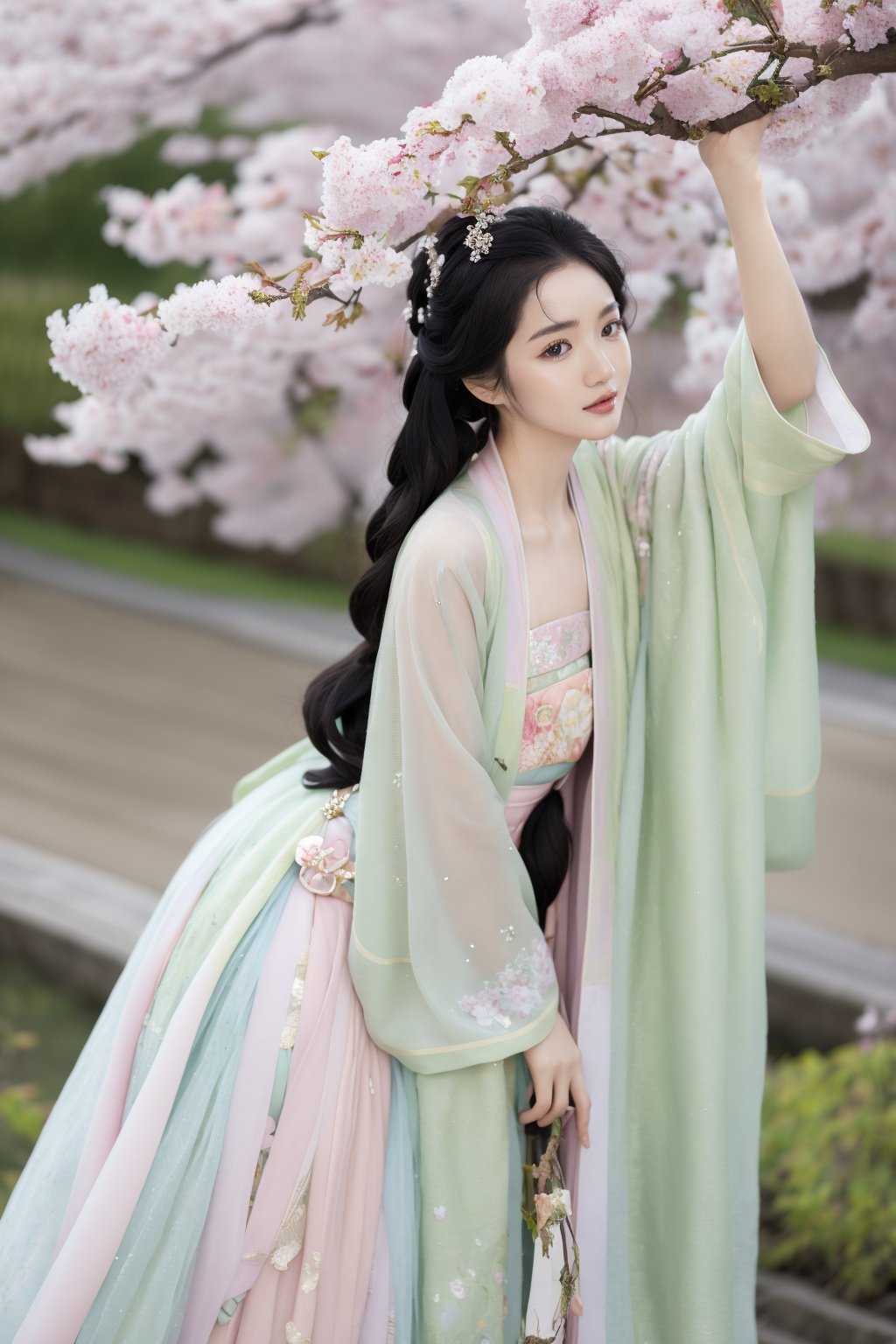 qingsi,chuchun,1girl,black hair,long hair,outdoors,tree,black eyes,skirt,blurry,looking at viewer,smile,photo background,realistic,branch,cherry blossoms,arm up,<lora:春赏-000008:0.5>,hanfu,cho girl,