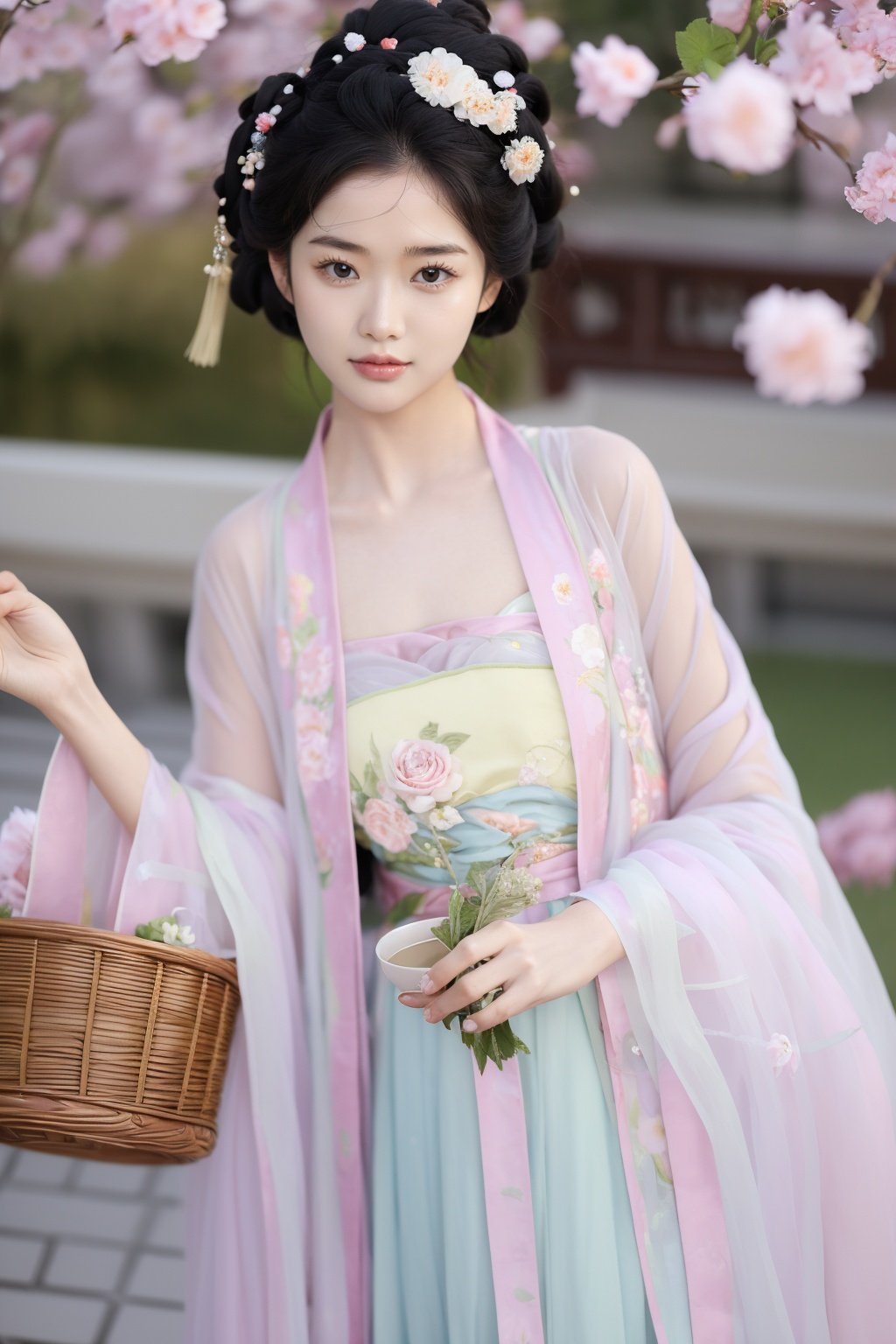 fenmo,fense,1girl,black hair,flower,hair ornament,realistic,holding,hair flower,blurry,holding flower,chinese clothes,looking at viewer,hanfu,black eyes,basket,blurry background,<lora:春赏-000008:0.5>,hanfu,cho girl,