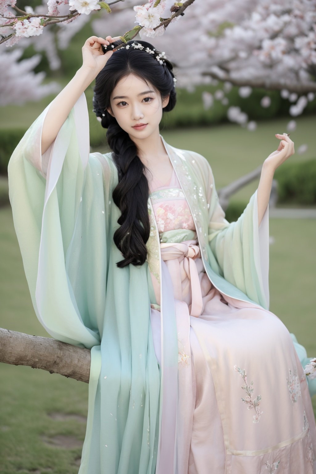 qingsi,chuchun,1girl,black hair,long hair,outdoors,tree,black eyes,skirt,blurry,looking at viewer,smile,photo background,realistic,branch,cherry blossoms,arm up,<lora:春赏-000008:0.5>,hanfu,cho girl,