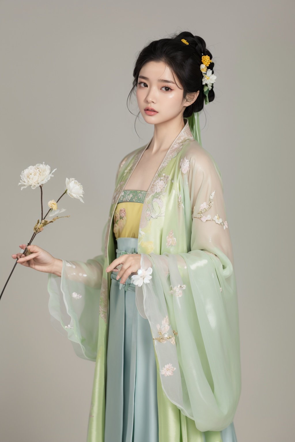 qingyi,danya,1girl,black hair,hanfu,flower,realistic,hair ornament,chinese clothes,simple background,dress,white background,black eyes,long sleeves,holding,holding flower,<lora:春赏-000008:0.5>,hanfu,cho girl,