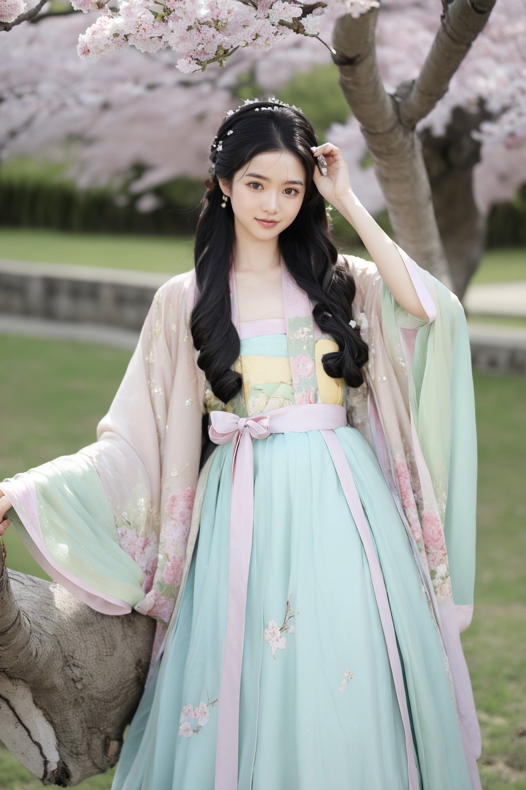 qingsi, chuchun, 1girl, black hair, long hair, outdoors, tree, black eyes, skirt, blurry, looking at viewer, smile, photo background, realistic, branch, cherry blossoms, arm up,<lora:春赏-000008:0.5>,hanfu,cho girl,