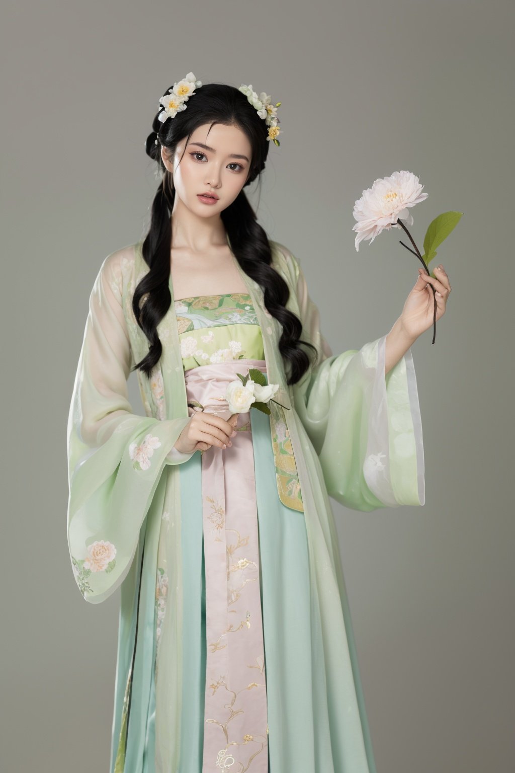 qingyi,danya,1girl,black hair,hanfu,flower,realistic,hair ornament,chinese clothes,simple background,dress,white background,black eyes,long sleeves,holding,holding flower,<lora:春赏-000008:0.5>,hanfu,cho girl,