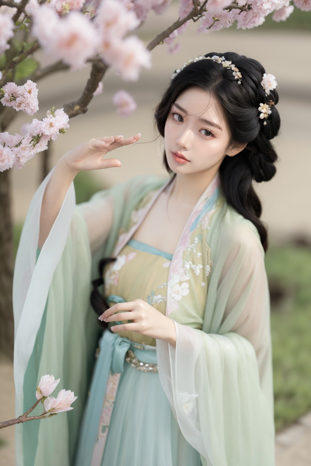 qingsi, chuchun, 1girl, black hair, long hair, necklace, jewelry, flower, branch, parted lips, brown eyes, blurry, realistic,<lora:春赏-000008:0.5>,hanfu,cho girl,