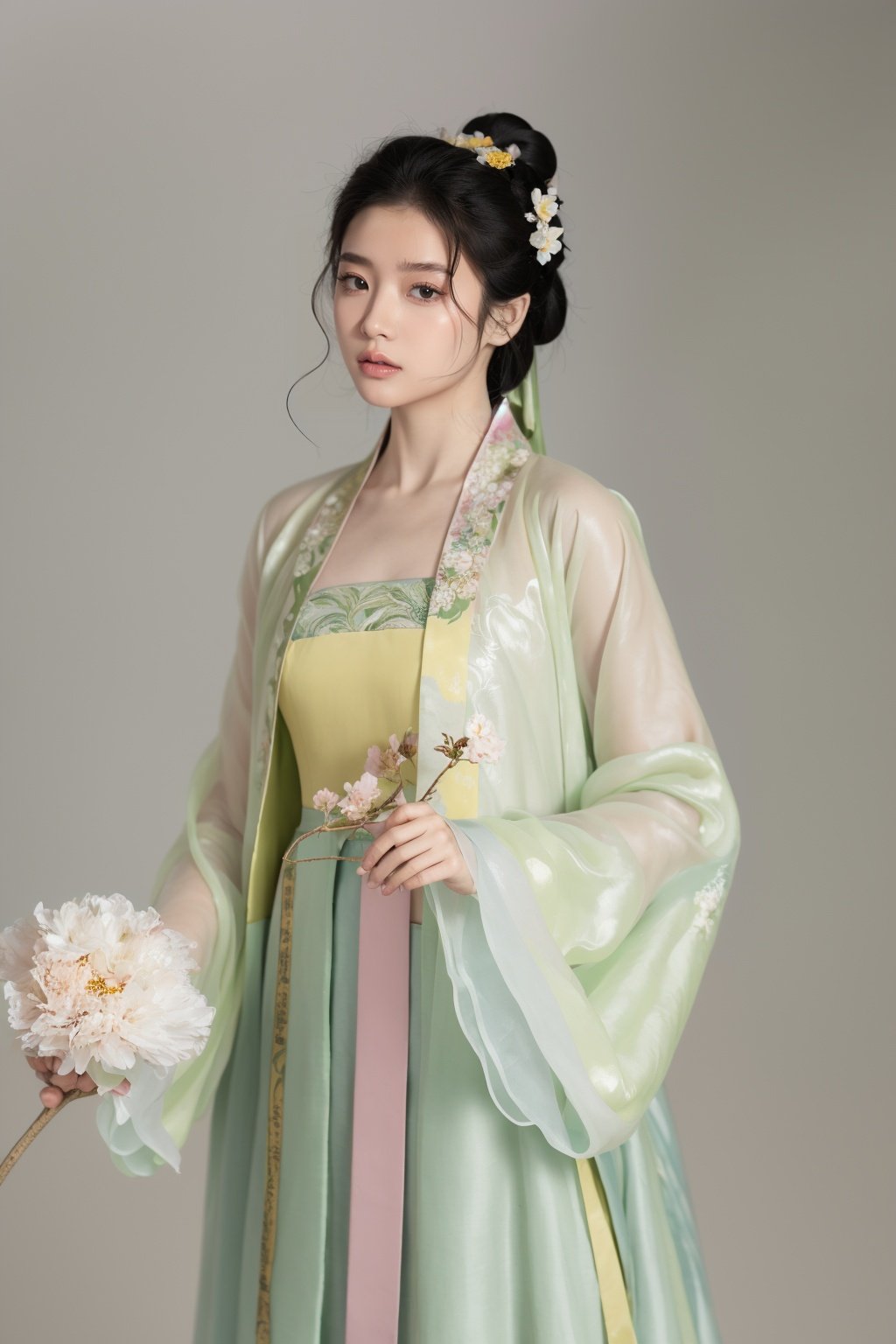 qingyi, danya, 1girl, black hair, hanfu, flower, realistic, hair ornament, chinese clothes, simple background, dress, white background, black eyes, long sleeves, holding, holding flower,<lora:春赏-000008:0.5>,hanfu,cho girl,