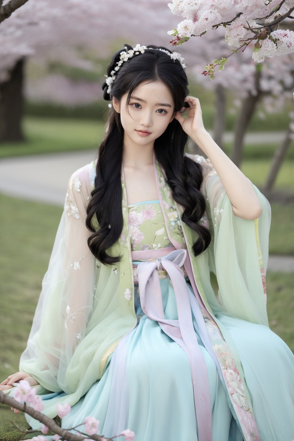 qingsi,chuchun,1girl,black hair,long hair,outdoors,tree,black eyes,skirt,blurry,looking at viewer,smile,photo background,realistic,branch,cherry blossoms,arm up,<lora:春赏-000008:0.5>,hanfu,cho girl,