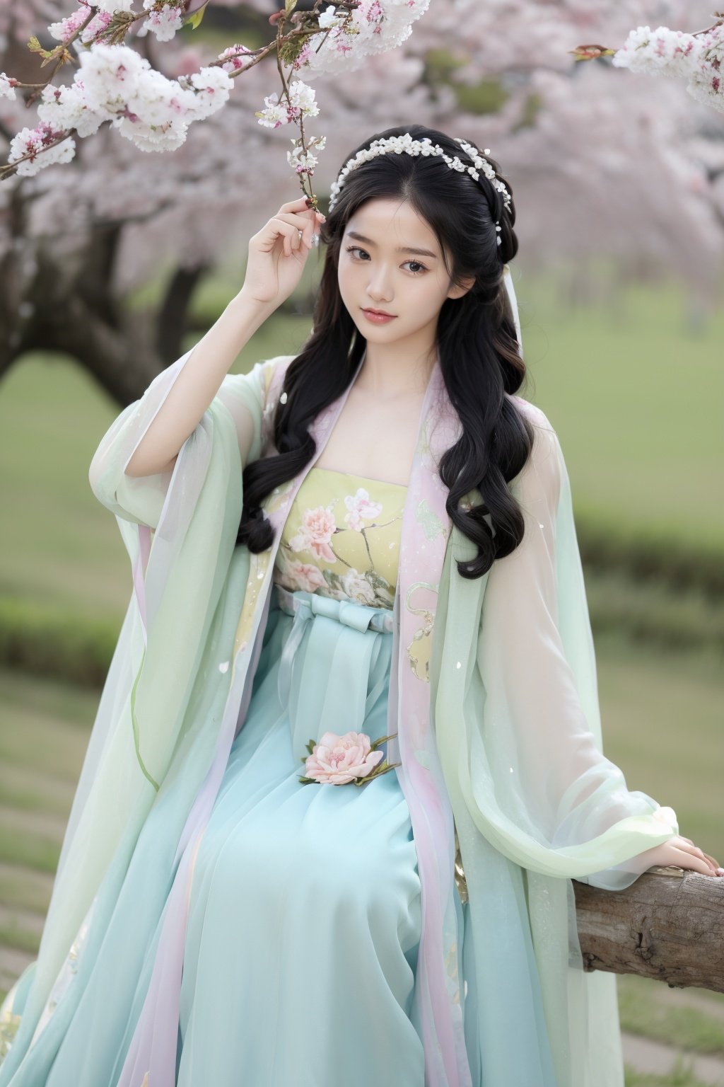 qingsi,chuchun,1girl,black hair,long hair,outdoors,tree,black eyes,skirt,blurry,looking at viewer,smile,photo background,realistic,branch,cherry blossoms,arm up,<lora:春赏-000008:0.5>,hanfu,cho girl,