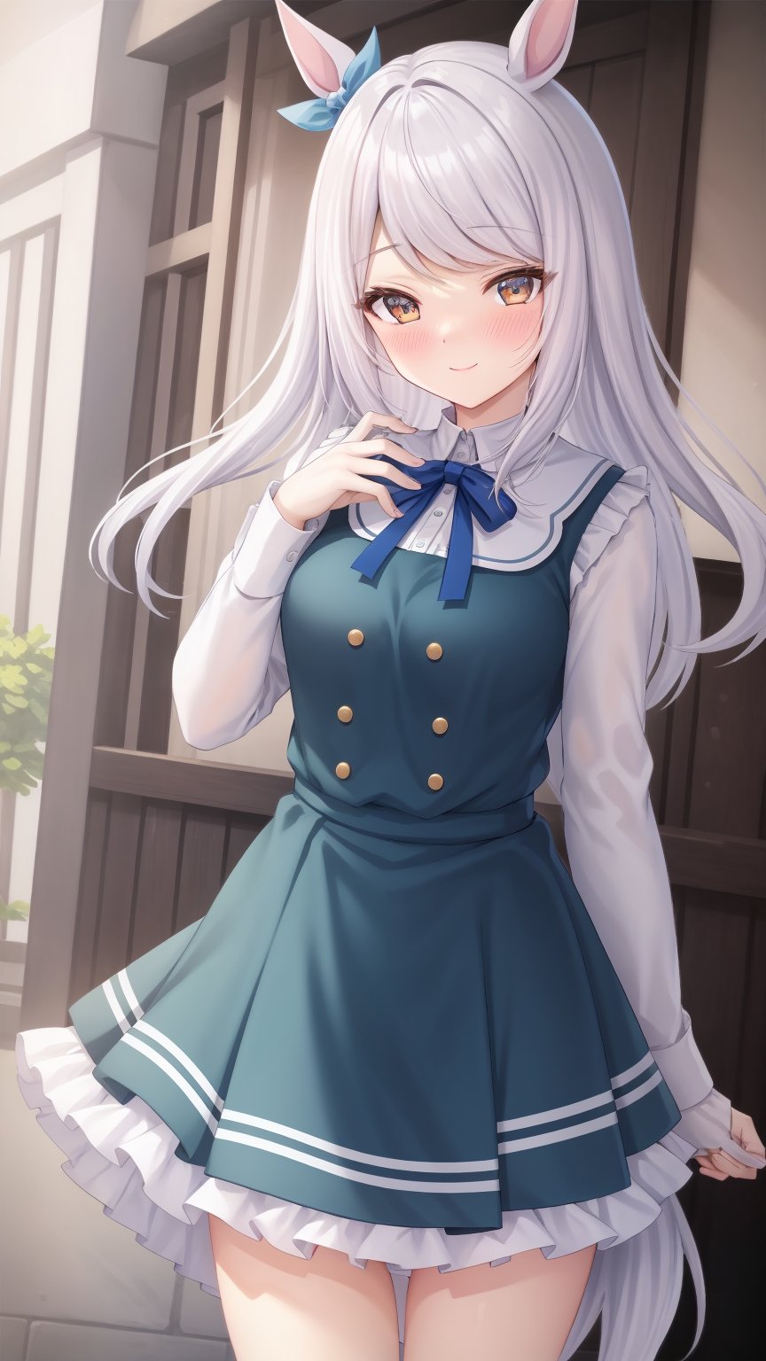 masterpiece, Best Quality, anime colours, Game CG, Official art, High quality, Best Quality, extremely detailed eye, extra detailed body, extremely detailed fingers, Diagonal composition ,Standing, plein air, outdoor, Downtown, (Cowboy Shot),Horse tail,（smile, nose blush), medium breasts, mcqueen, umamusume, neck ribbon, pinafore dress, sleeveless dress, blue dress, white shirt, long sleeves