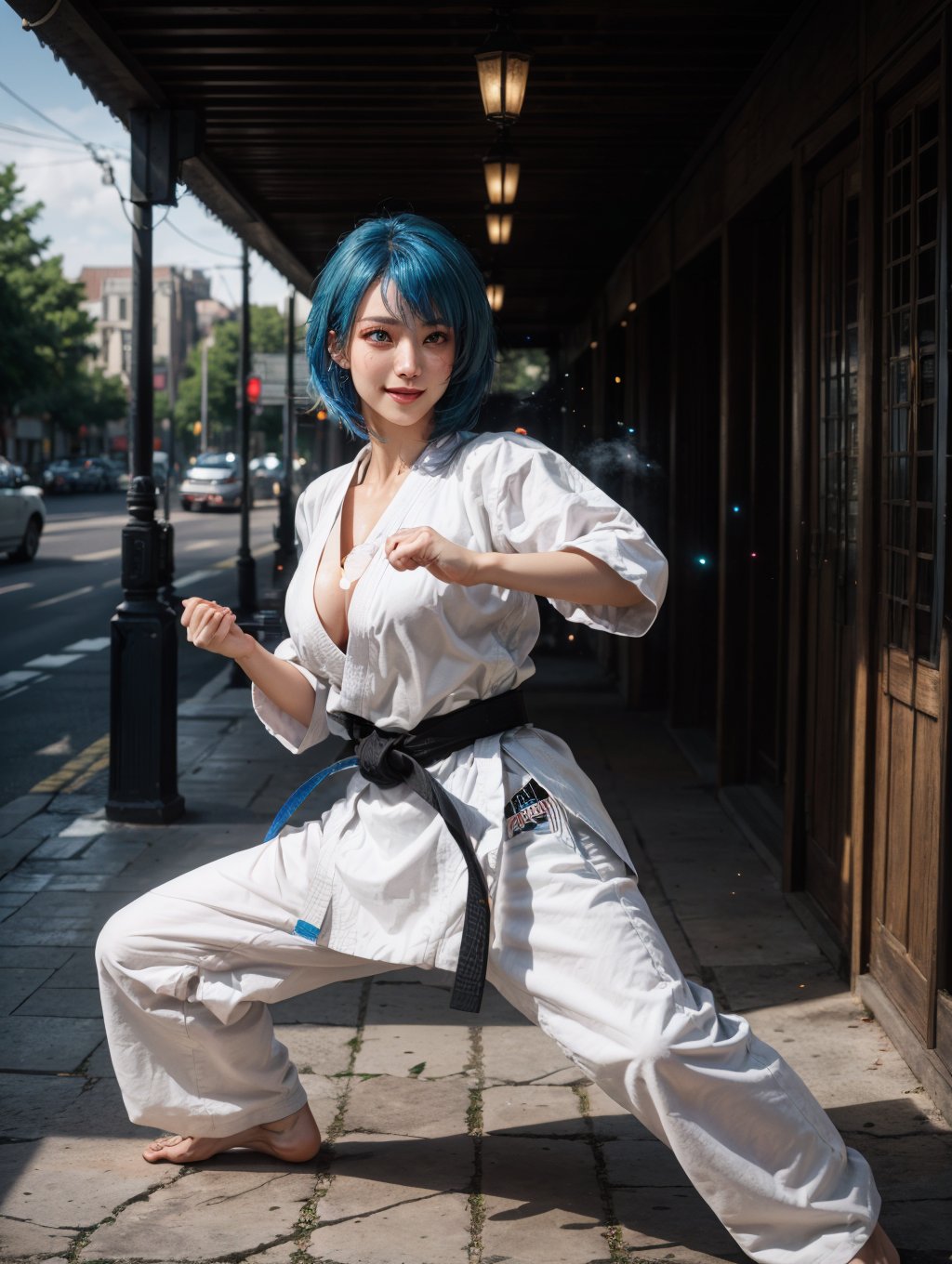 (perfect glossy shiny skins:1.3),(full body:1.4),(1girl),solo,<lora:karate_uniform-000007:0.5>,(karate uniform:1.3),martial arts belt,(fighting stance:1.3),(8k, RAW photo, best quality, masterpiece:1.2),(realistic),(photo-realistic:1.37),(exquisitely detailed),ultra_color,high quality,ultra detailed,(Real picture),(realistic skin),(intricate details),(dramatic_light),(beautiful_detailed_light),lens flare,ultra_color,(shining_particles),(bright_dust_particles),professional lighting,photon mapping,radiosity,physically-based rendering,highres,extremely detailed,cinematic lighting,(beautiful big eyes),round eyes,pretty face,Blushing face,light smile,high nose bridge,shiny eyes,(a 20 years old beautiful Euro woman),(a face of perfect proportion),(high nose),(((bangs))),(((colored inner hair))),(((hair beads))),beautiful composition,(muscle:0.8),nice hands,perfect hands,(big breasts:1.2),outdoors,park,looking at viewer,dynamic pose,best shadow,steaming body,(shiny skin),sweaty,embarrassed,<lora:FilmG2:0.4>,<lora:GoodHands-vanilla:1>,<lora:more_details:0.3>,