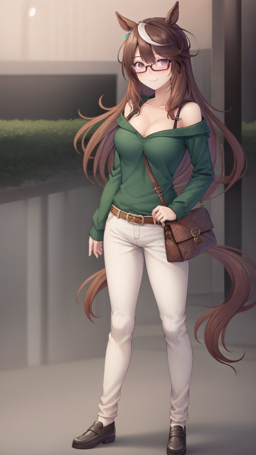 masterpiece, Best Quality, anime colours, Game CG, Official art, High quality, Best Quality, extremely detailed eye, extra detailed body, extremely detailed fingers, Diagonal composition ,Standing, plein air, outdoor, Downtown, Cowboy Shot,Horse tail,（smile, nose blush), medium breasts, rudorufu, umamusume, white pants, handbag, jewelry, green shirt, casual, long sleeves, sweater, glasses, shoulder bag, belt, adjusting eyewear, collarbone