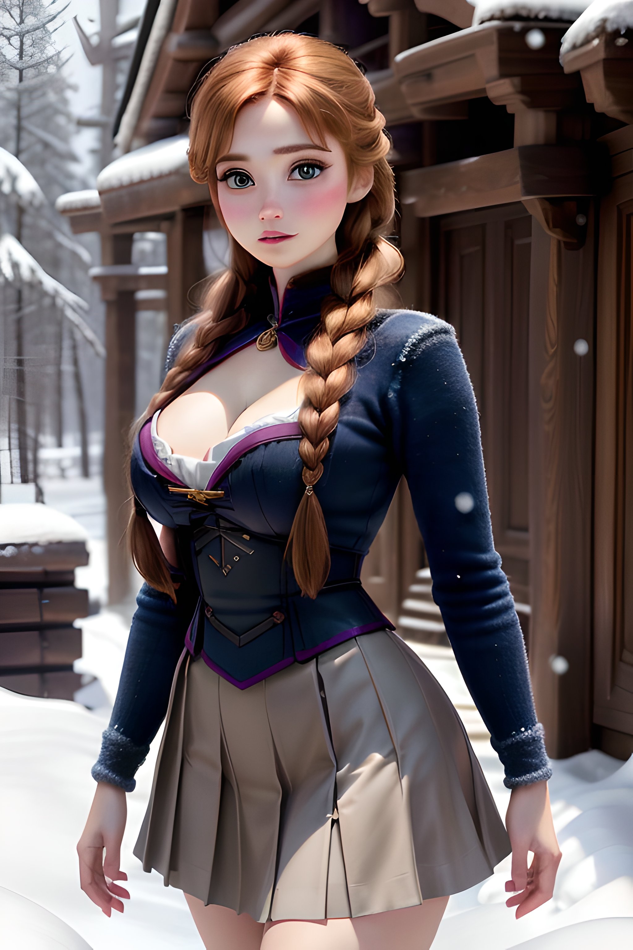 woman, ((Masterpiece, best quality)), detailed skin, highly detailed, cinematic lighting, ultra realistic, blush, looking at viewer,  anna, anna from frozen, princess, disney, brown hair, long hair, portrait, outdoor, snow,  cleavage,  large breasts,  wide hips, skirt, miniskirt, microskirt, pleated skirt, thighs, <lora:Anna Frozen:0.6>