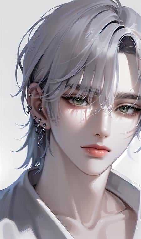 1boy, portrait, earrings, solo,lips,  male focus, green eyes, looking at viewer, grey hair, short hair, closed mouth, <lora:kr-maleface:1>