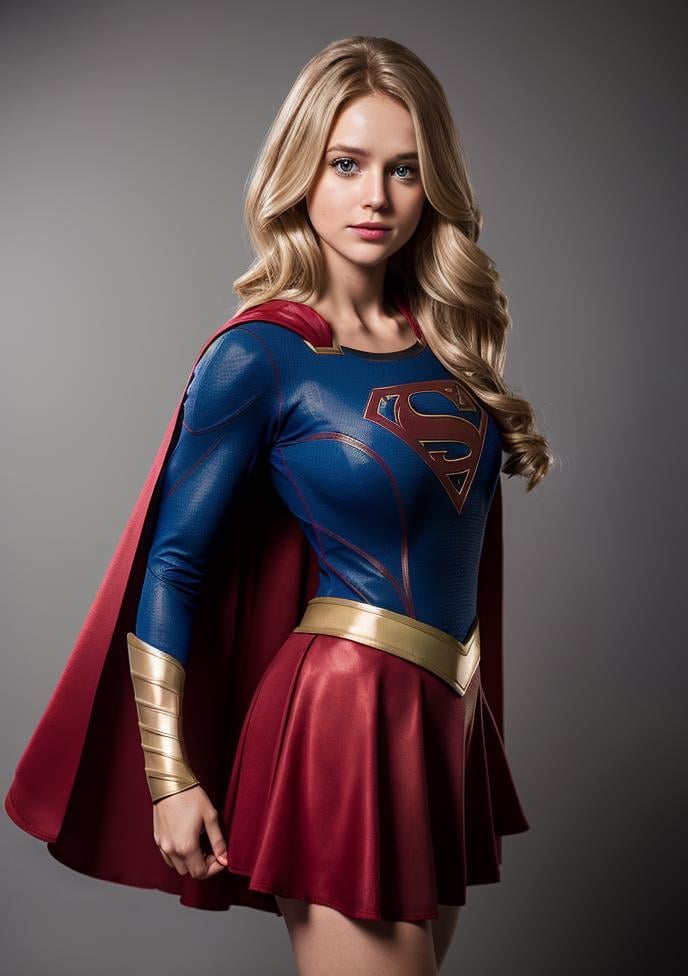 supergirl, costume, hero, skirt, cape red, hair blonde (RAW Photo, cg unity, photography, 