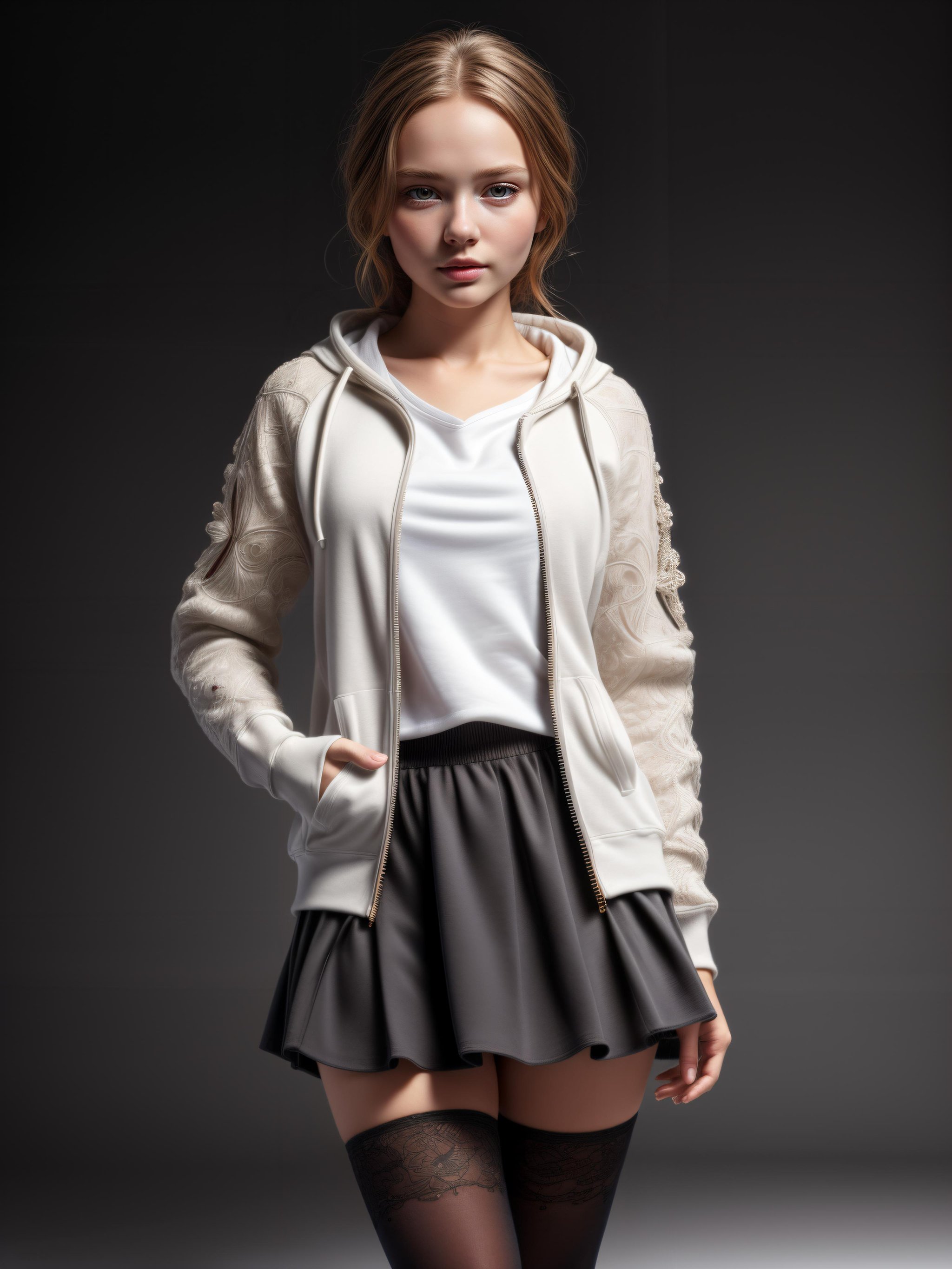 (best quality, masterpiece, detailed, high quality, highres, 8K, realistic,:1.1), RAW photo, detailed face, white background, young girl, detailed, small breasts, intricated, intricated details, looking at viewer, open hoodie, standing, pantyhose,  mini miniskirt,  <lora:outfit_tornclothes:1>, outfit torn clothes