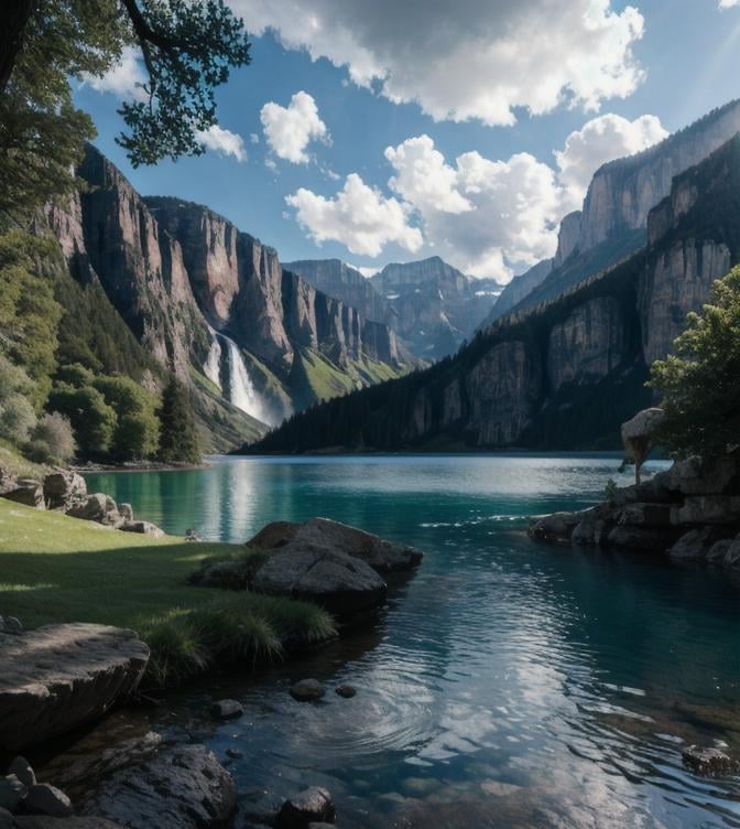 masterpiece, best quality, high quality, extremely detailed CG unity 8k wallpaper, scenery, outdoors, sky, cloud, day, no humans, mountain, landscape, water, tree, blue sky, waterfall, cliff, nature, lake, river, cloudy sky,award winning photography, Bokeh, Depth of Field, HDR, bloom, Chromatic Aberration ,Photorealistic,extremely detailed, trending on artstation, trending on CGsociety, Intricate, High Detail, dramatic