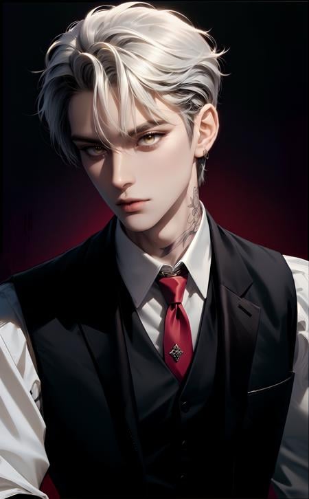 (masterpiece,best quality,ultra_detailed,highres,absurdres),1boy, male focus, tattoo, solo, white hair,chain, shirt, black necktie, necktie, simple background, yellow eyes, upper body, vest, short hair, looking at viewer, parted lips, collared shirt, round eyewear, long sleeves, neck tattoo, hand on own shoulder, arm tattoo, black shirt, red background, brown vest, monocle, jewelry <lora:kr-maleface-i2-000006:0.8>,  (looking  away:1.2)