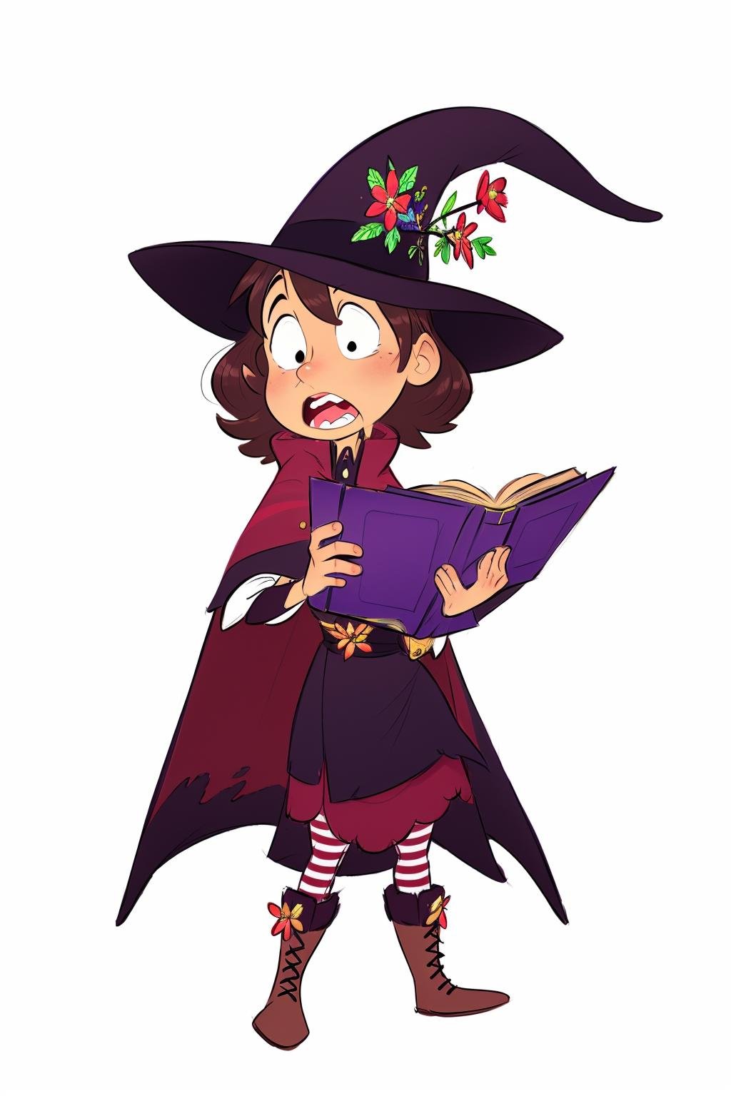 European and American cartoon characters, original character design, hand-drawn drafts, 1girl, wand, hat, solo, witch hat, book, brown hair, witch, boots, cape, open mouth, short hair, holding wand, pantyhose, flower, simple background, full body, white background, striped, dress<lora:Cartoon characters:1>