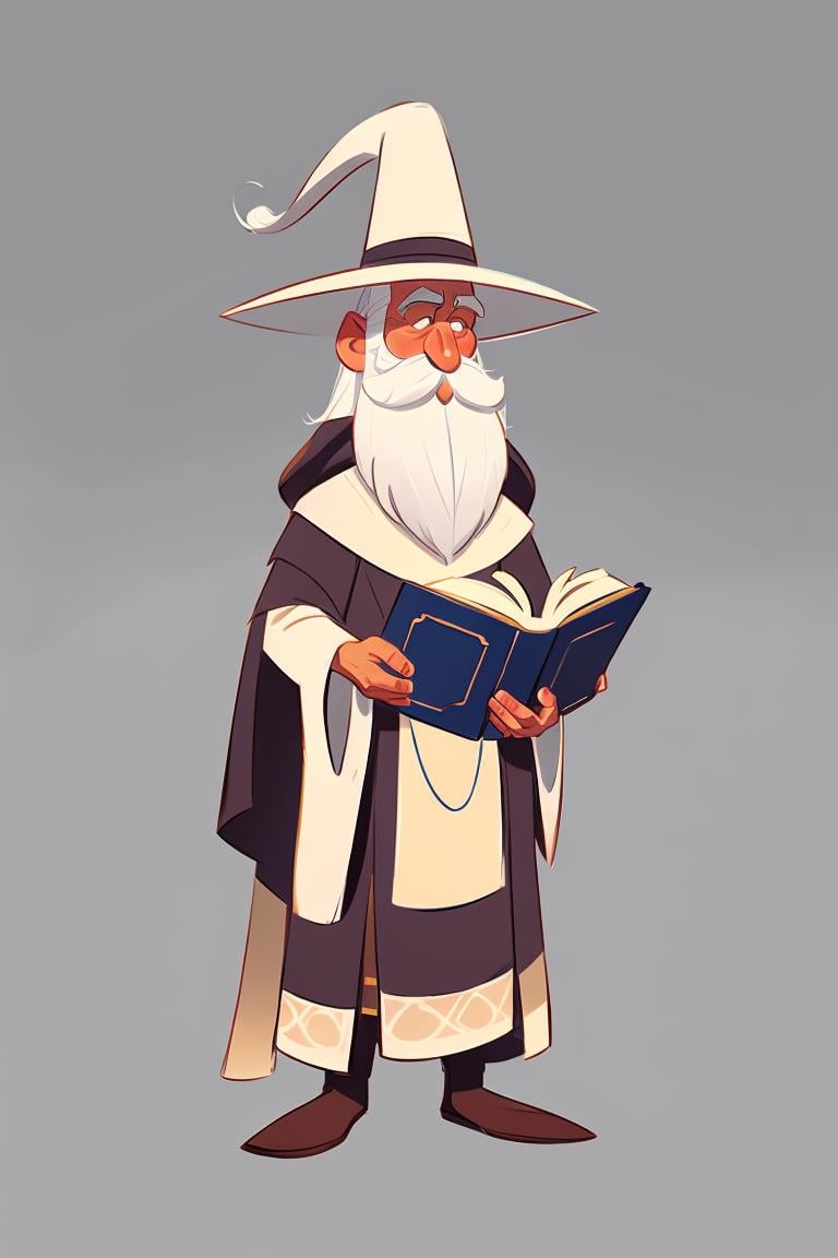 European and American cartoon characters, original character design, hand-drawn drafts, 1boy, solo, male focus, book, hat, facial hair, arm behind back, simple background, holding book, white background, mustache, holding, beard, white hair, full body, standing, wizard, robe, open book, old, wizard hat, old man,<lora:Cartoon characters:0.8>