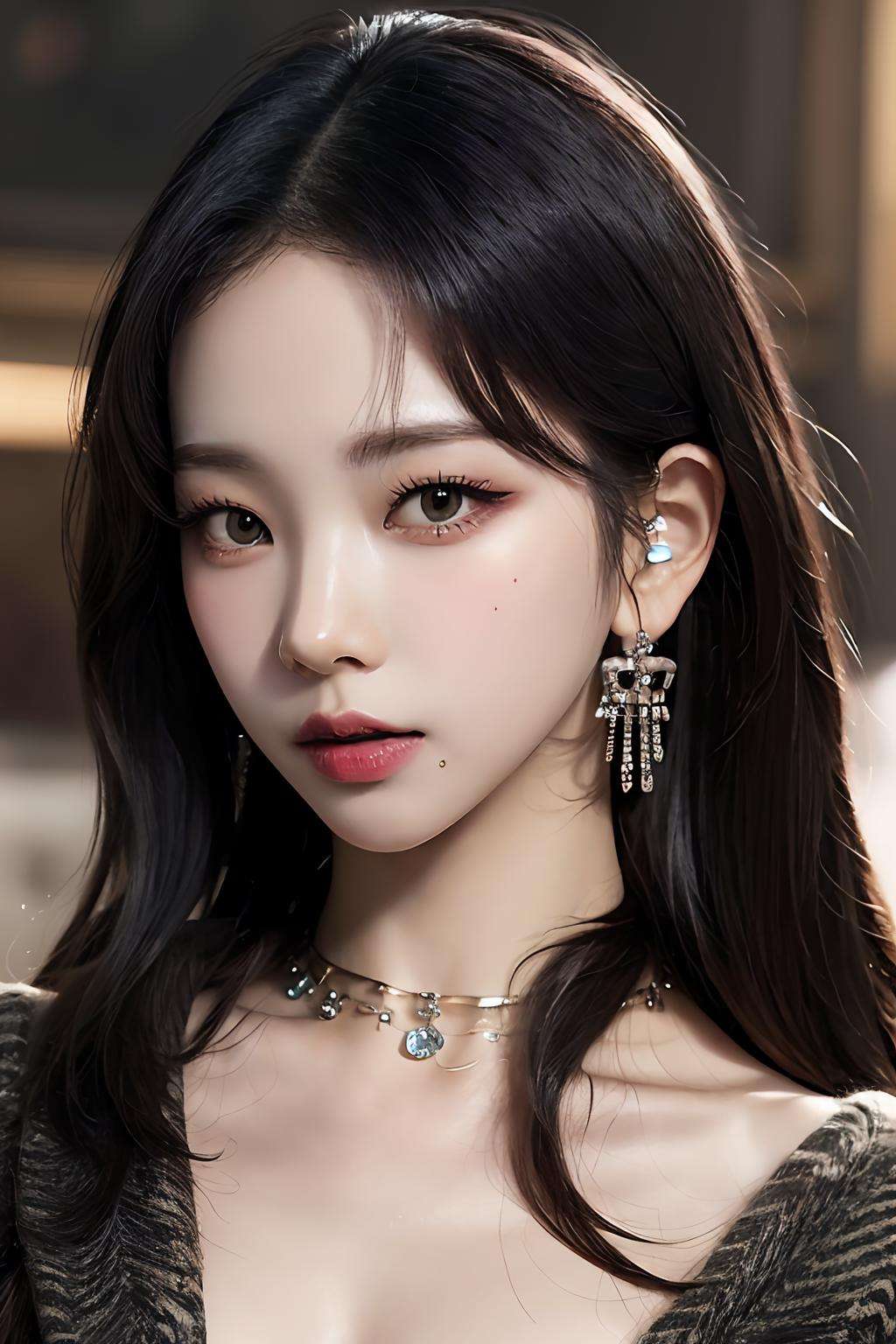 Best quality, masterpiece, ultra high res, (photorealistic:1.4),1girl, solo, jewelry, black hair, earrings, looking at viewer, black eyes, portrait, makeup, lips, realistic, long hair