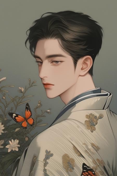 (masterpiece,best quality,ultra_detailed,highres,absurdres:1.2), Man in his 20s, kimono, flowers,( butterflies:1.2), butterfly, flower, male focus, bug<lora:krmaleface-4-sdxl:1>