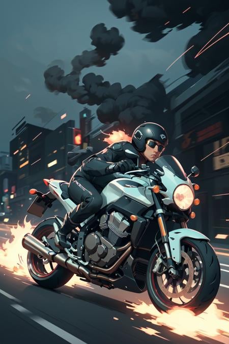 A (speeding) motorcycle the city at high speed,(slow motion:1.3),(Motion blur:1.3),(speed lines:1.4),sense of speed, Sparks and smoke coming out of tires, scenery,  <lora:GoodHands-vanilla:1>, 