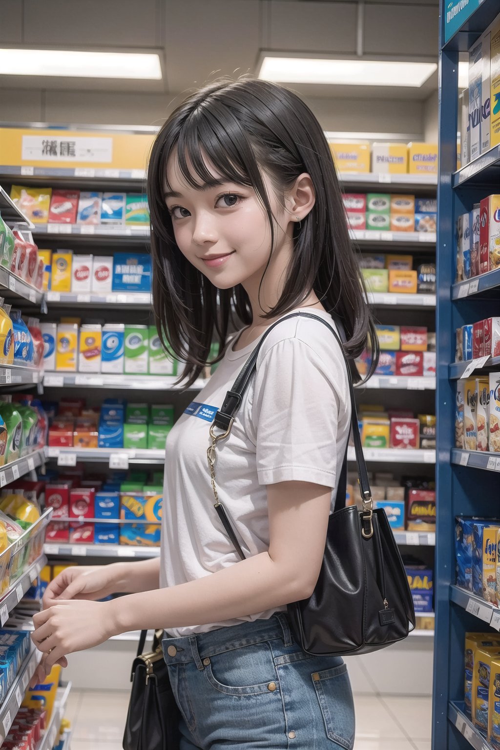 (masterpiece), 1girl, casual, smile, medium hair, black hair, convenient store