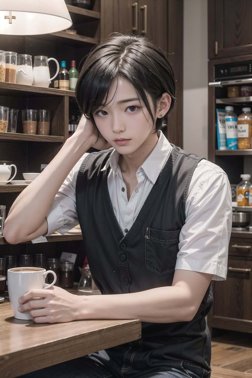 (masterpiece),  cafe, 1boy,  black hair, short hair, 