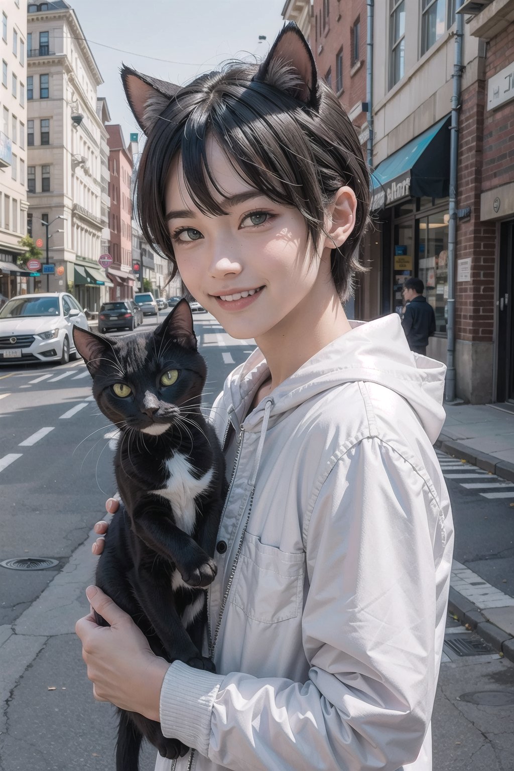 (masterpiece), street, city, 1boy, cat ears, smile