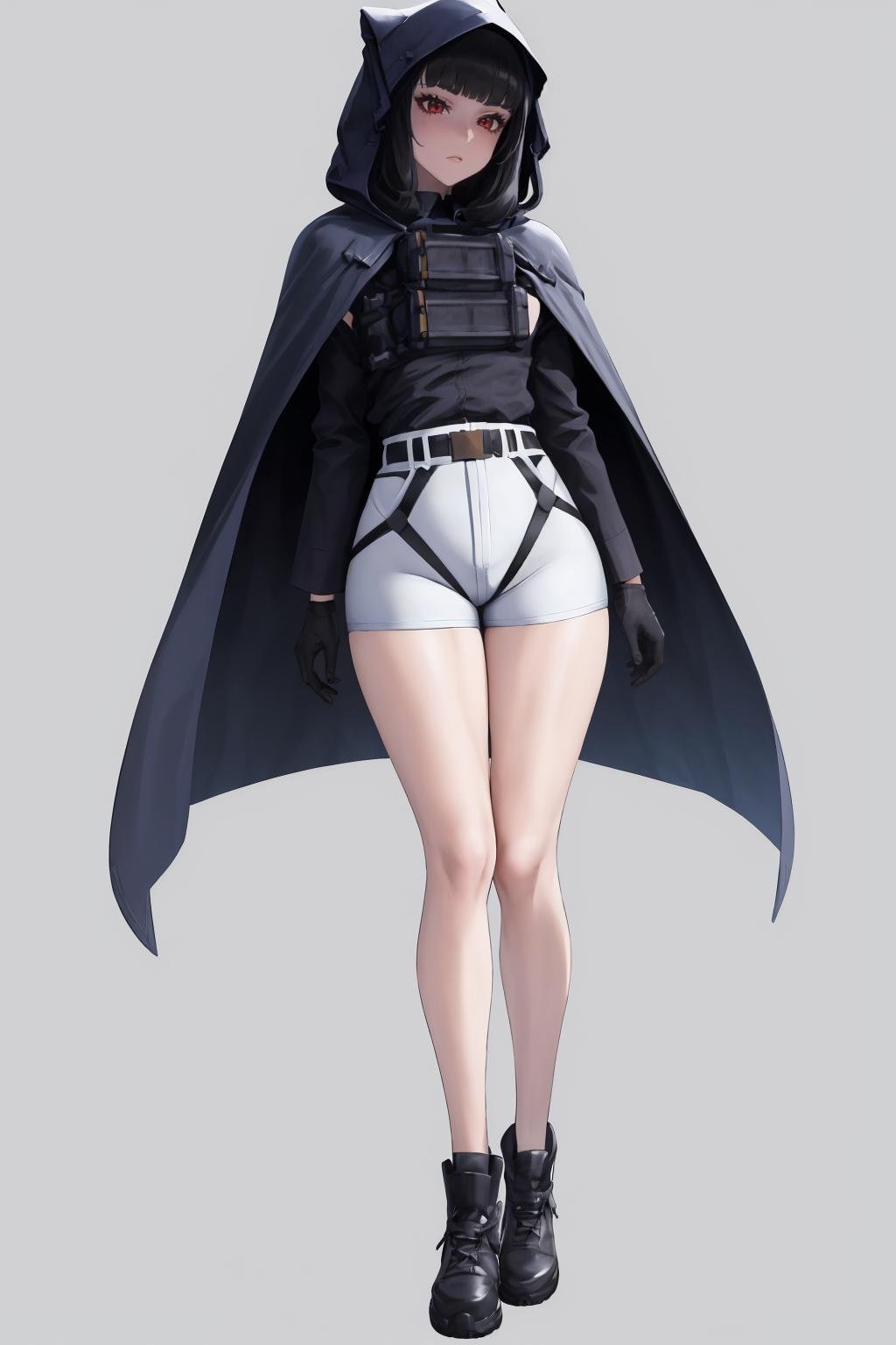 masterpiece, best quality, 1girl, solo, <lora:d-nikke-richy-v1:1> dnikke, long sleeves, hood up, black shirt, gloves, shorts, cloak, belt, simple background, white background, tactical clothes, thighs, high-waist shorts, long legs, full body