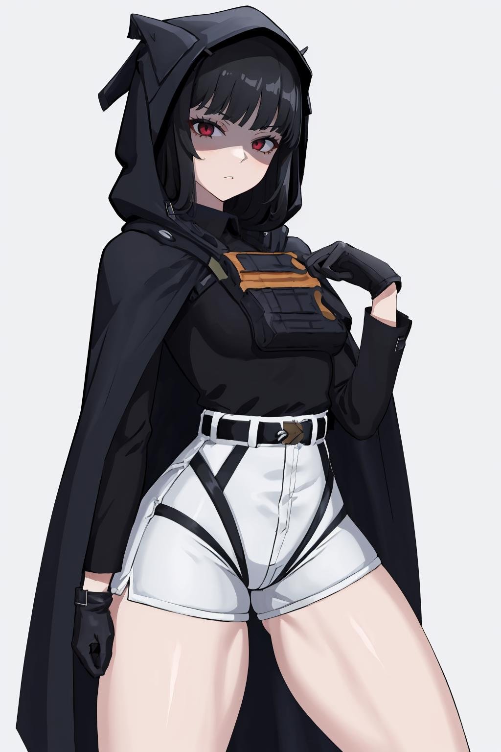 masterpiece, best quality, 1girl, solo, <lora:d-nikke-richy-v1:1> dnikke, long sleeves, hood up, black shirt, gloves, shorts, cloak, belt, simple background, tactical clothes, thighs, high-waist shorts, long legs, bare legs, <lora:concept_shadedface-10:1> shaded face
