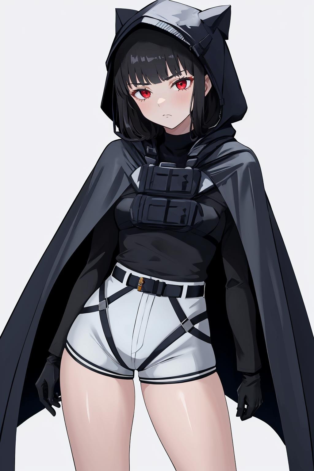 masterpiece, best quality, 1girl, solo, <lora:d-nikke-richy-v1:1> dnikke, long sleeves, hood up, black shirt, gloves, shorts, cloak, belt, simple background, tactical clothes, thighs, high-waist shorts, long legs, bare legs, sad