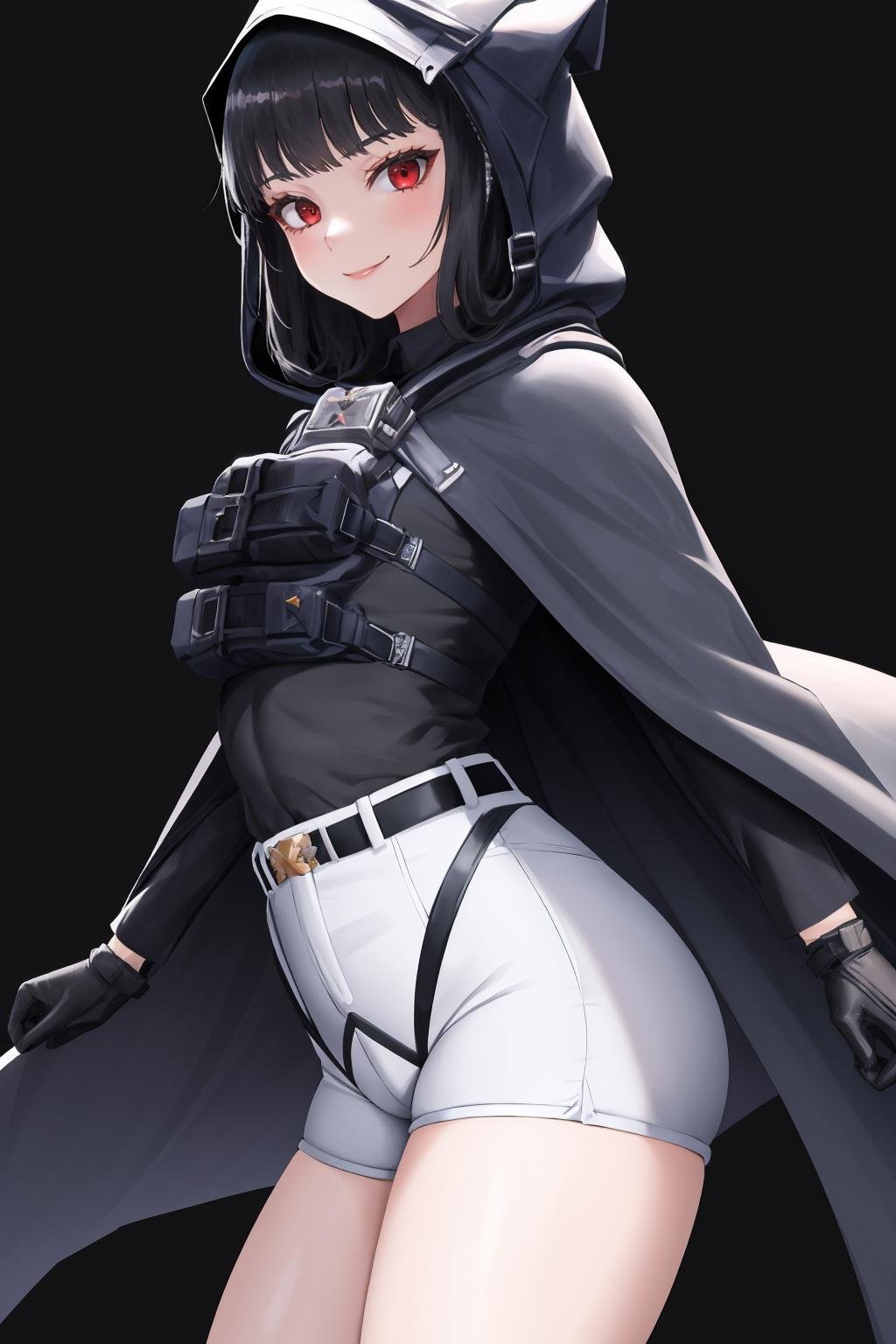 masterpiece, best quality, 1girl, solo, <lora:d-nikke-richy-v1:1> dnikke, long sleeves, hood up, black shirt, gloves, shorts, cloak, belt, simple background, (black background:1.2), tactical clothes, thighs, high-waist shorts, long legs, bare legs, smile