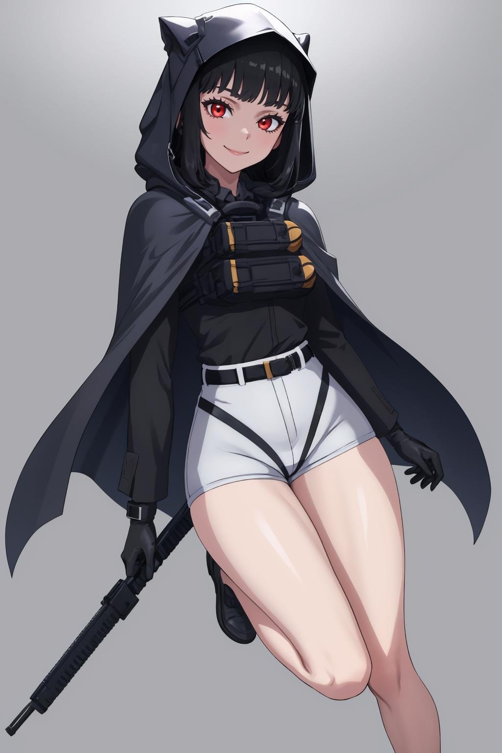 masterpiece, best quality, 1girl, solo, <lora:d-nikke-richy-v1:1> dnikke, long sleeves, hood up, black shirt, gloves, shorts, cloak, belt, simple background, tactical clothes, thighs, high-waist shorts, long legs, bare legs, smile