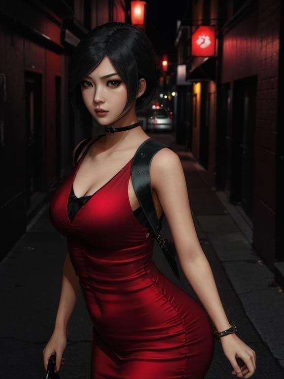 AdaWongRE, 1girl, red dress, sexy pose, dark city background, <lora:AdaWongRE:0.7>