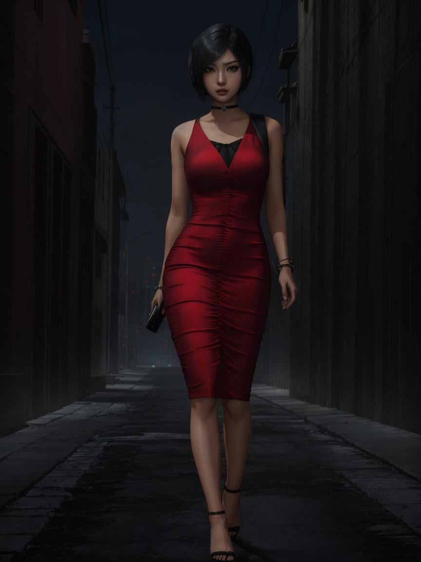 AdaWongRE, 1girl, red dress,full body, looking at the viewer, dark city background, short hair, <lora:AdaWongRE:0.7>