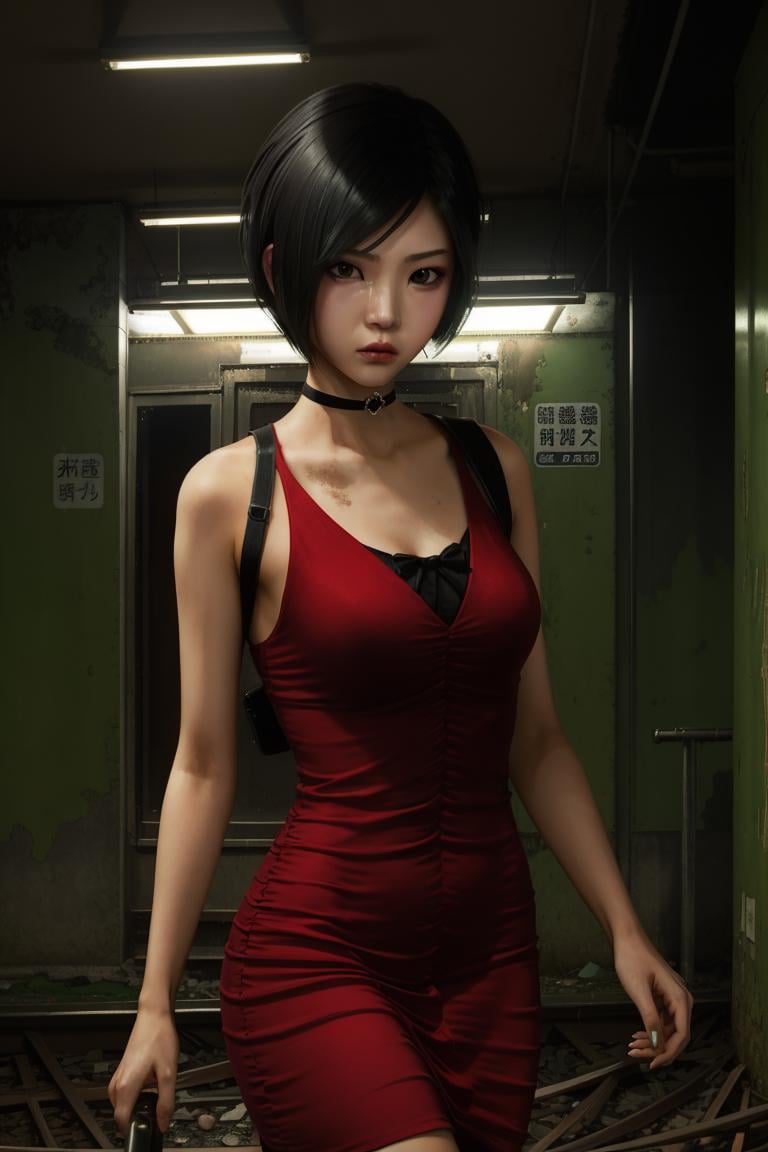 AdaWongRE, 1girl, red ress, dark abandoned subway station, short hair, <lora:AdaWongRE:0.7>