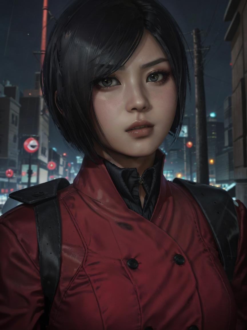 AdaWongRE, 1girl, looking at the viewer, dark city background, short hair, <lora:AdaWongRE:0.7>