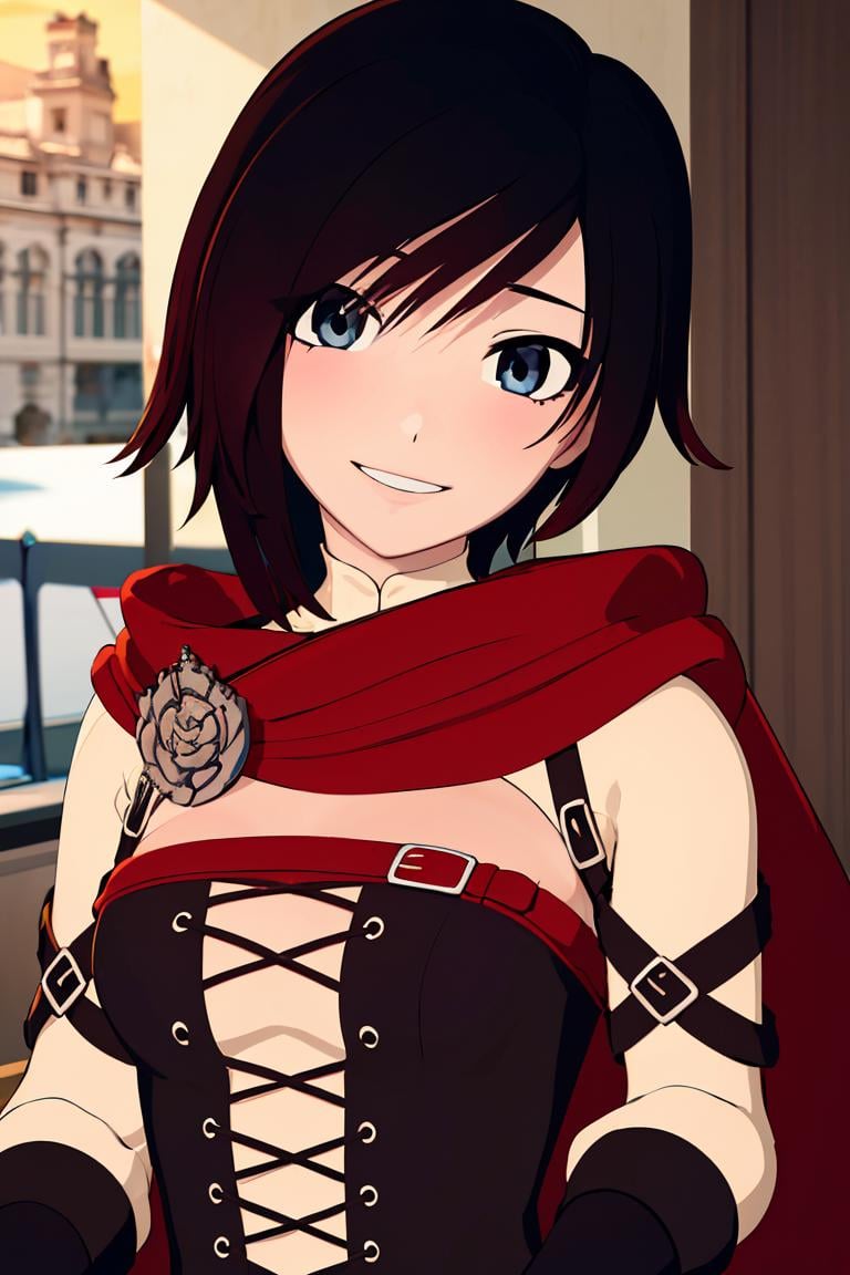 ((masterpiece,best quality)),  absurdres, <lora:Ruby_RWBY_AnyLora_MoreTagsAbsorbed:0.8>, Ruby_RWBY,  solo, smiling, looking at viewer, upper body,  detailed eyes, 